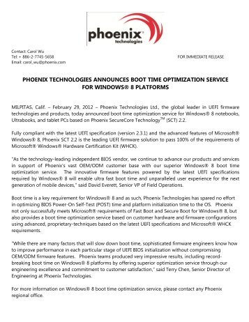 PHOENIX TECHNOLOGIES ANNOUNCES BOOT TIME ...