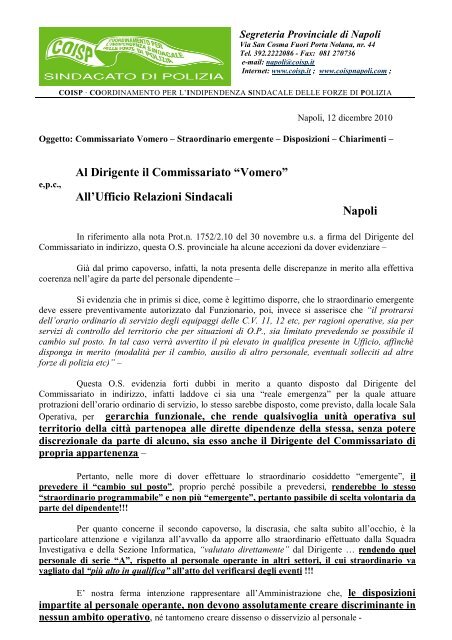 Al Dirigente il Commissariato “Vomero” All'Ufficio ... - COISP Napoli