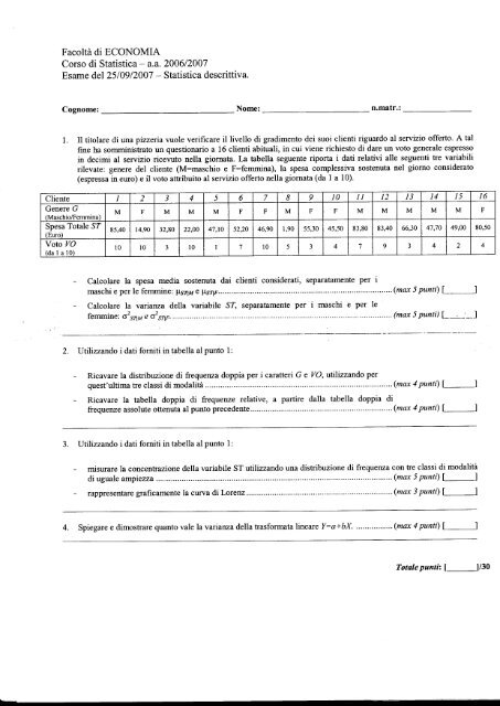 Tracce d'Esame - Università degli Studi di Salerno