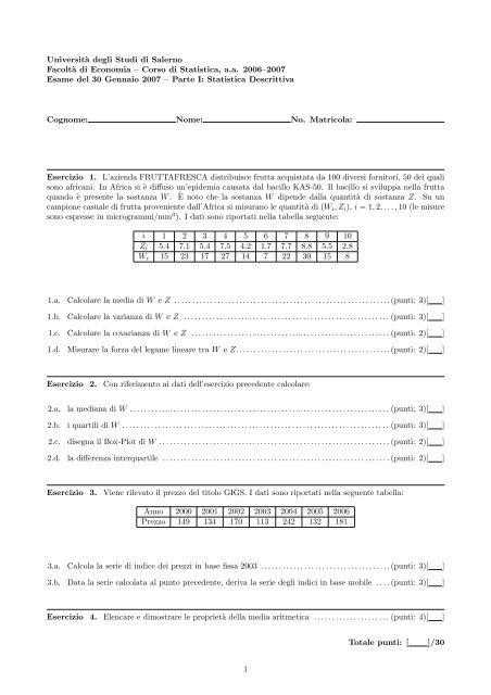 Tracce d'Esame - Università degli Studi di Salerno