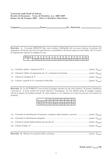 Tracce d'Esame - Università degli Studi di Salerno