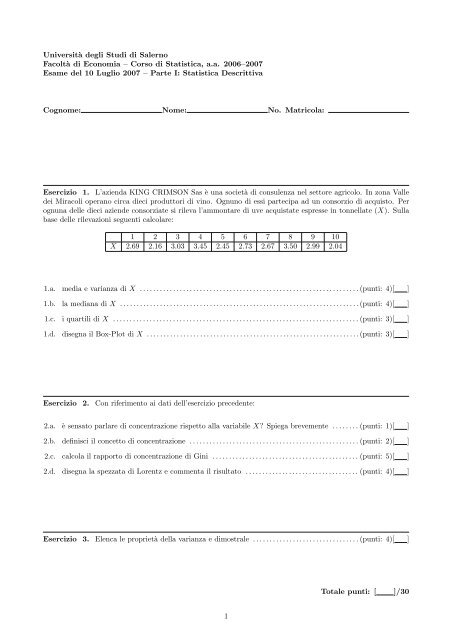 Tracce d'Esame - Università degli Studi di Salerno