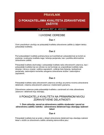 Pravilnik o pokazateljima kvaliteta zdravstvene zaštite - Dr Milan ...