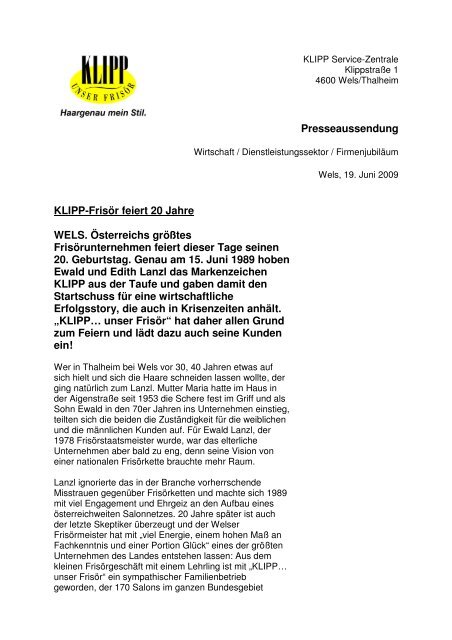 Presseaussendung Klipp-Frisör feiert 20 Jahre WELS. Österreichs ...