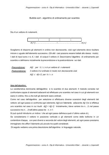 Bubble sort - algoritmo di ordinamento per scambio A[1 ...