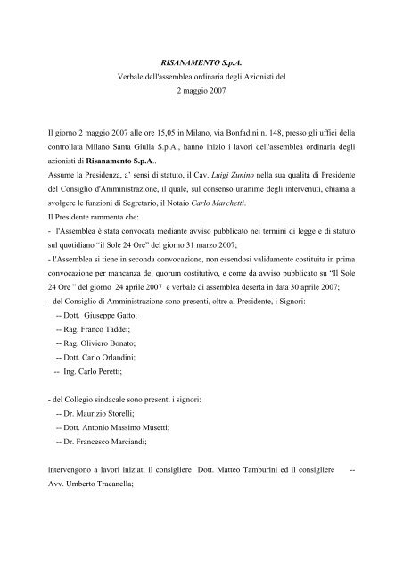Verbale di Assemblea (ordinaria) - Risanamento SpA