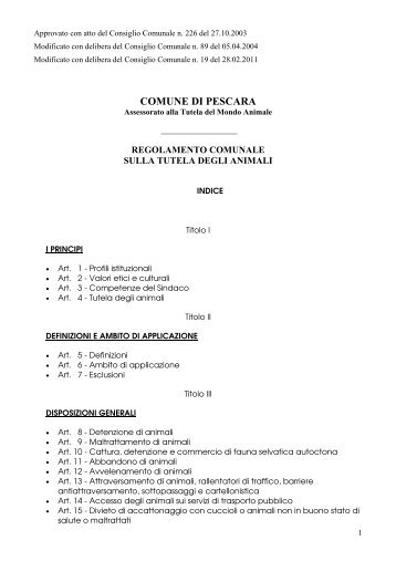 Regolamento sulla tutela degli animali - Comune di Pescara