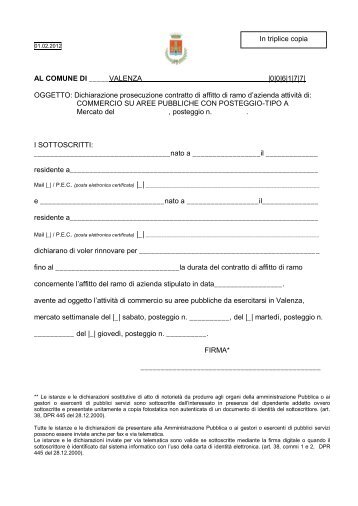 Dichiarazione prosecuzione contratto di affitto di ramo d'azienda ...