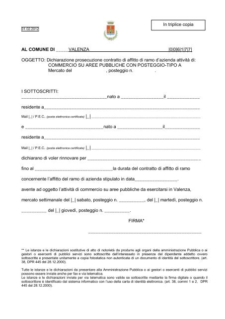 Dichiarazione prosecuzione contratto di affitto di ramo d'azienda ...