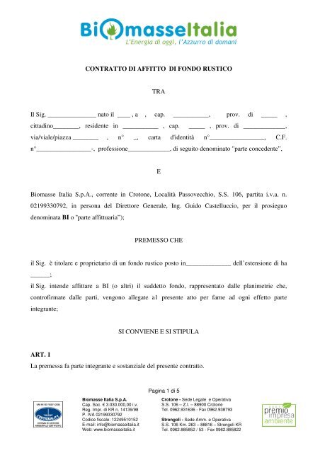 Modello Contratto Di Affitto Biomasse Italia Spa