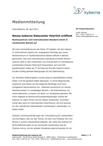 Medienmitteilung: Neues kyberna Datacenter feierlich eröffnet