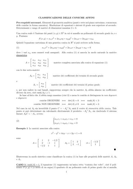 CLASSIFICAZIONE DELLE CONICHE AFFINI Pre-requisiti ...