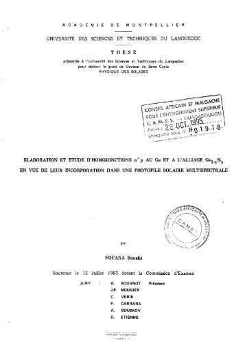Bouaké Soutenue le 12 Juillet 1983 devant la Commission d'Examen