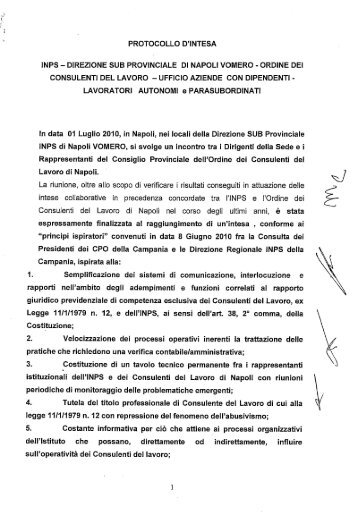 Protocollo INPS Vomero - Ordine dei Consulenti del Lavoro di Napoli