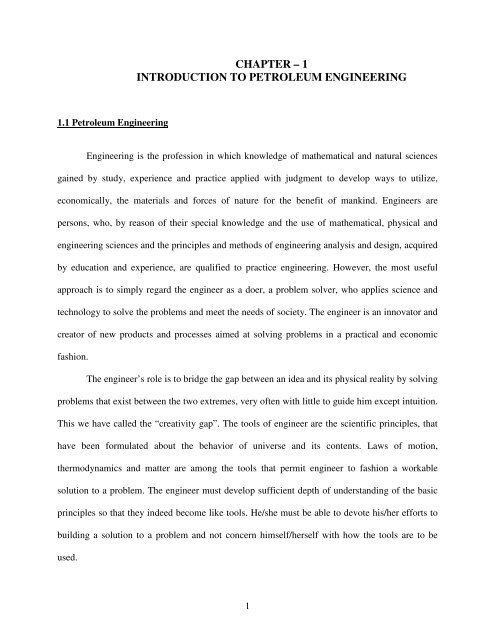 CHAPTER – 1 INTRODUCTION TO PETROLEUM ENGINEERING