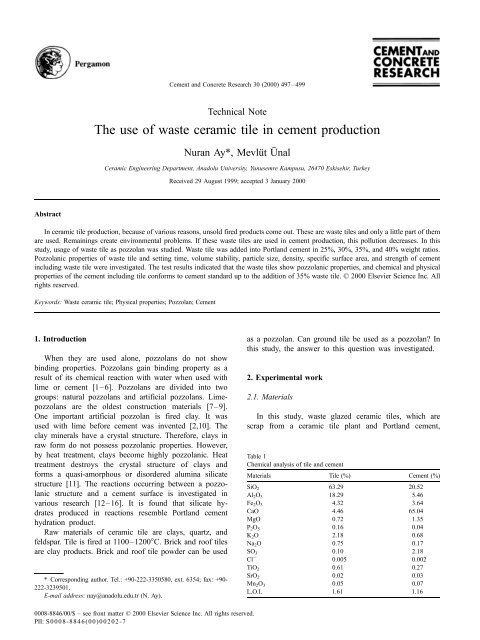 The use of waste ceramic tile in cement production