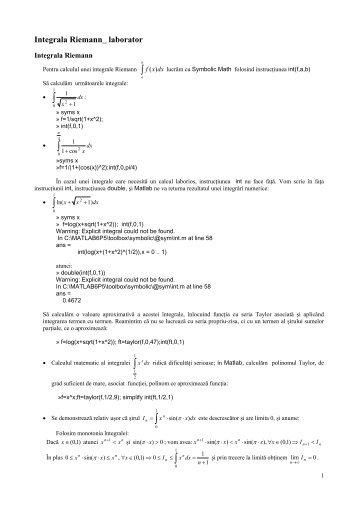 Pentru calculul unei integrale Riemann, lucrăm cu Symbolic Math ...
