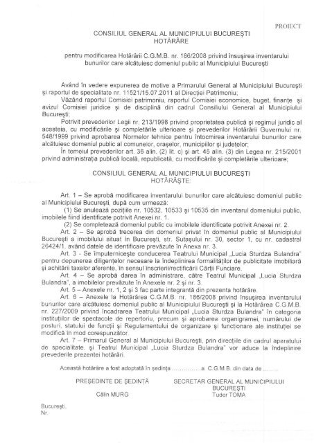 Proiect de hotărâre pentru modificarea Hotariirii CGMB nr. 186/2008 ...