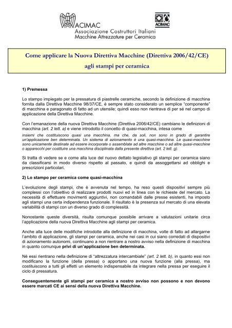 Come applicare la Nuova Direttiva Macchine (Direttiva ... - Acimac