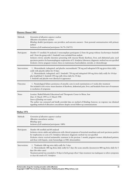 Antiamoebic drugs for treating amoebic colitis - The Cochrane Library