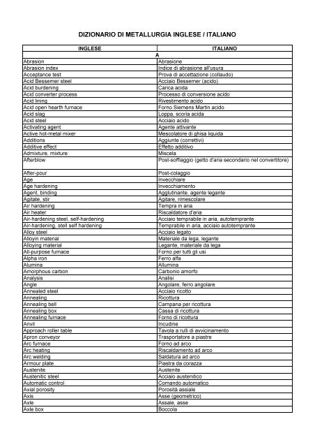 DIZIONARIO DI METALLURGIA INGLESE / ITALIANO - Key to Metals