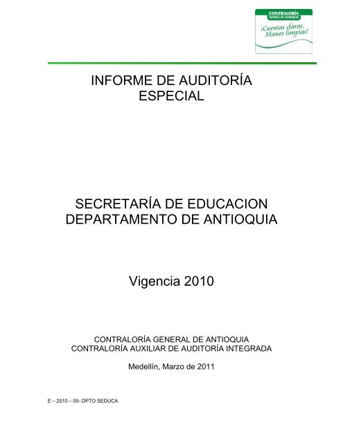 Modelo informe auditoria especial - Contraloría General de Antioquia