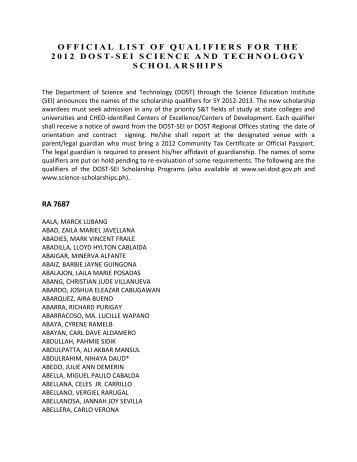 official list of qualifiers for the 2012 dost-sei ... - S&T Scholarships