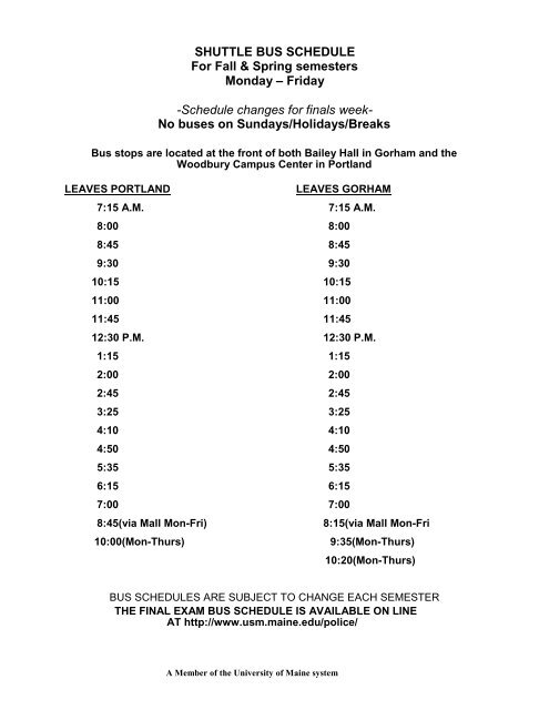 Usm Fall 2022 Exam Schedule Shuttle Bus Schedule - University Of Southern Maine - University Of ...