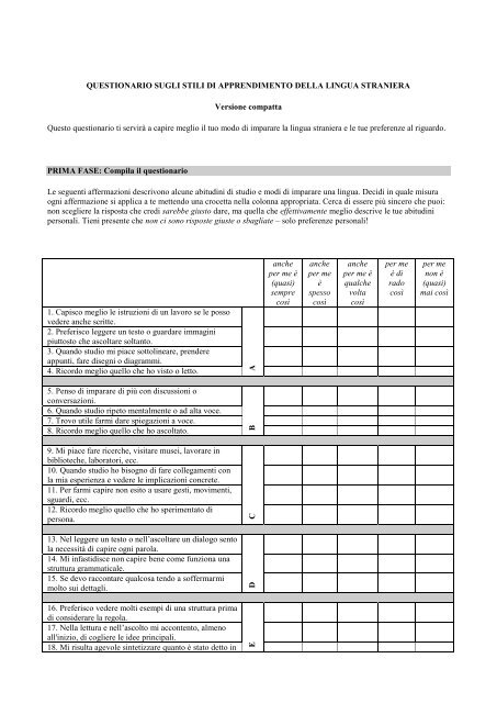 questionario stili apprendimento - Università degli Studi di Salerno