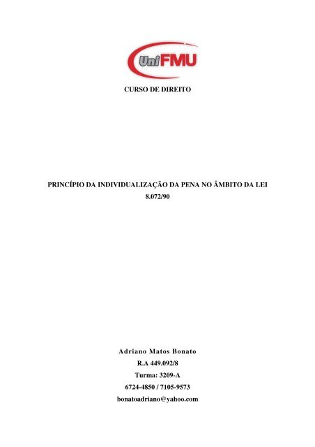 CURSO DE DIREITO PRINCÍPIO DA INDIVIDUALIZAÇÃO DA PENA ...