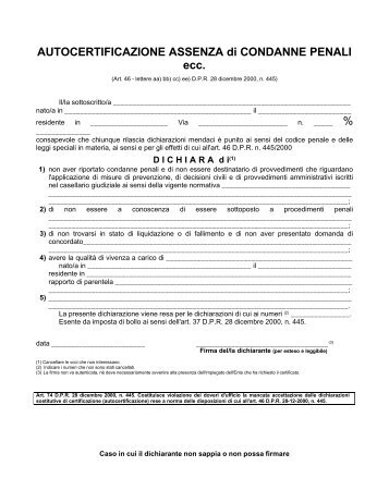 Autocertificazione assenza condanne penali (PDF) - Comune di ...
