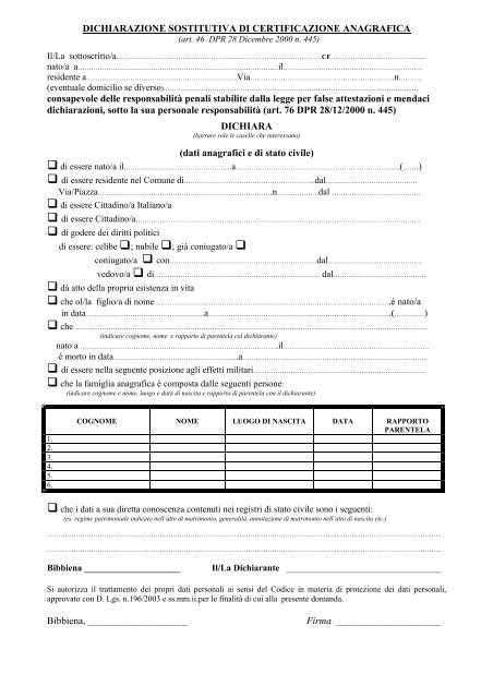 Dichiarazione sostitutiva di certificazione anagrafica Comune di