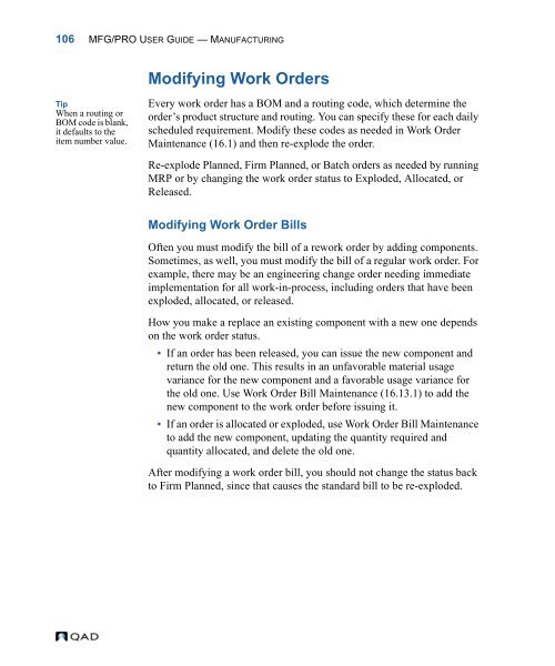 MFG/PRO 9.0 User Guide Volume 3: Manufacturing - QAD.com