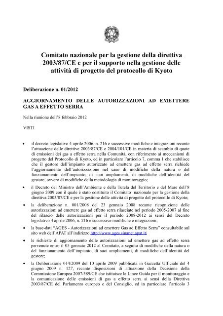 deliberazione n. 001/2012 (pdf, 121 KB) - Ministero dell'Ambiente