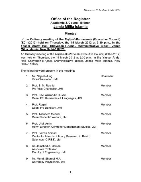 Minutes of Meetings - Jamia Millia Islamia