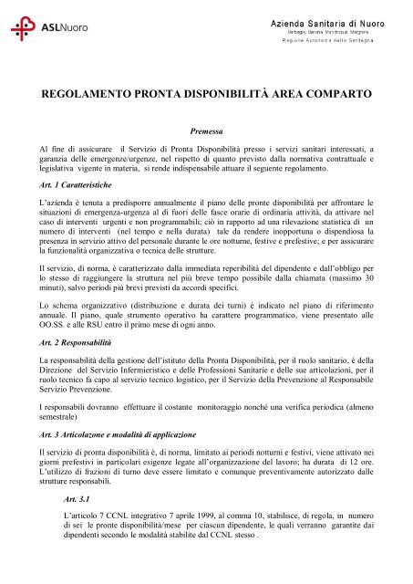 regolamento pronta disponibilità area comparto - Asl Nuoro