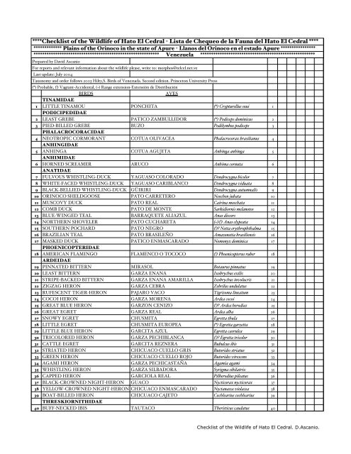 Checklist of the Wildlife of Hato El Cedral - Lista de Chequeo de la ...