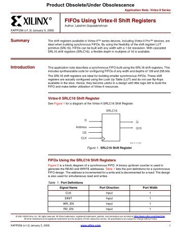 Xilinx XAPP256 FIFOs Using Virtex-II Shift Registers, Application Note