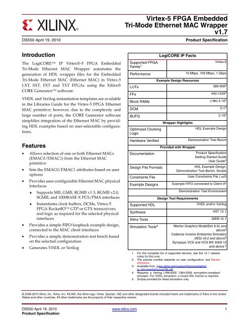 Xilinx Ds550 Virtex 5 Fpga Embedded Tri Mode Ethernet Wrapper