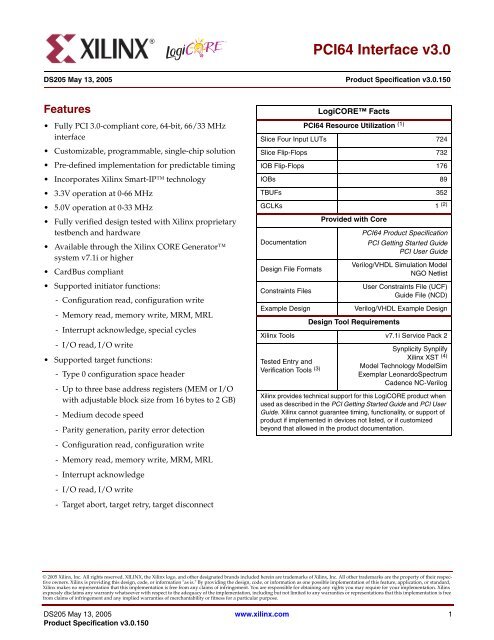 PCI64 Interface v3.0.150 - Xilinx