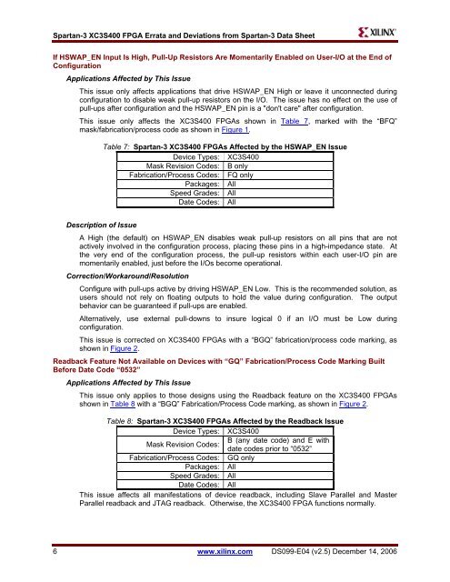 Xilinx DS099-E04 XC3S400 FPGA Errata and Deviations from ...