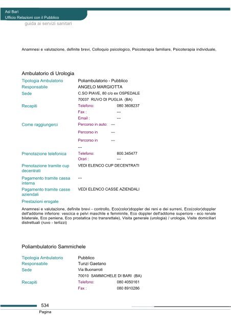 Guida ai servizi di ASL Bari - Portale Regionale della Salute