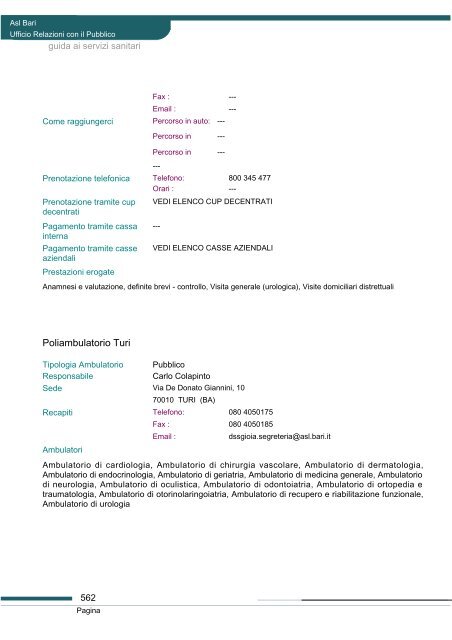 Guida ai servizi di ASL Bari - Portale Regionale della Salute