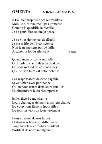 Imprimer le poème Omerta au format pdf - poemes robert casanova