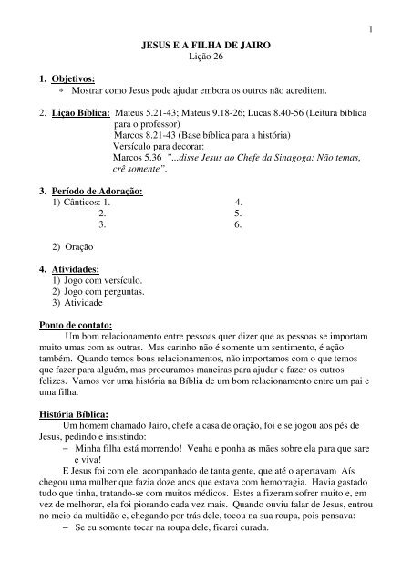 JESUS E A FILHA DE JAIRO Lição 26 1. Objetivos ... - Igreja de Cristo