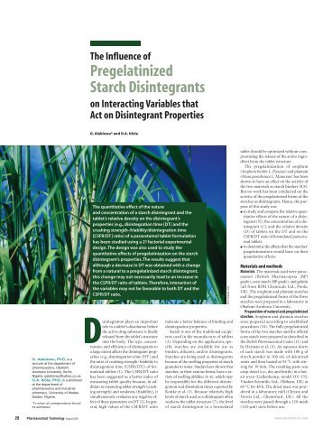 Pregelatinized Starch Disintegrants - Pharmaceutical Technology