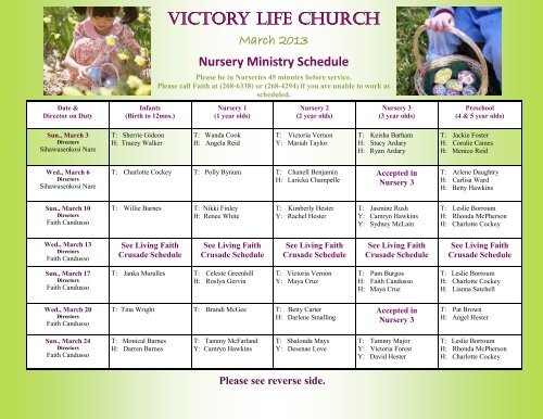March Nursery Volunteer Schedule - Victory Life Church
