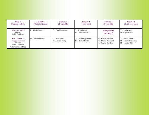 March Nursery Volunteer Schedule - Victory Life Church