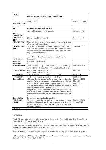 DEWS DRY EYE: DIAGNOSTIC TEST TEMPLATE RAPPORTEUR Murat Dogru Date ...