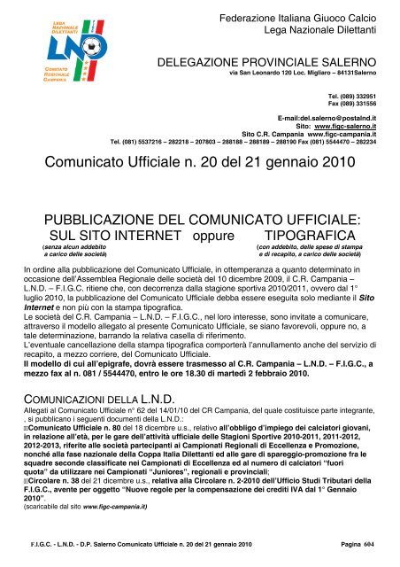 Comunicato Ufficiale n. 20 del 21 gennaio 2010 - Figc Campania
